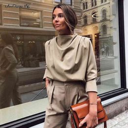 Mnealways18 Draped Solid Khaki Tops And Blouses Spring Elegant Office Blouse Women Ruched Work Top Long Sleeve Ladies Shirt 2020 H1230