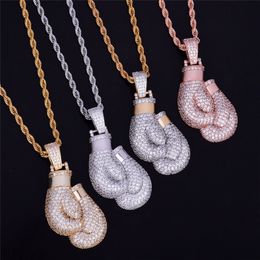 Gold Plated Full CZ Boxing Glove Pendant Necklace with 24inch Rope Chain for Men Women Nice Gift