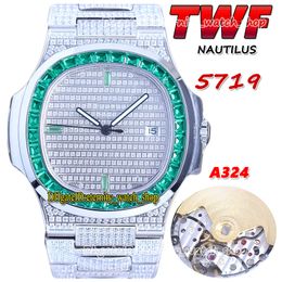 2022 TWF 5719 PP324 A324 Automatic Mens Watch Paved Fully Iced Out Diamonds Dial Green T Diamond Bezel Stick Stainless Steel Bracelet eternity Super Version Watches