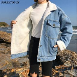 Berber Fleece Lining Denim Jackets Women Loose Thick Artificial Sherpa Warm Winter Buttons Overcoats Lapel Pockets Oversize Tops 201029