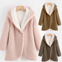 Autumn Winter Faux Fur Jacket Women Jacket Solid Fleece Sherpa Hooded Coat Long Sleeve Open Stitch Cardigan Jackets Outwear T200111