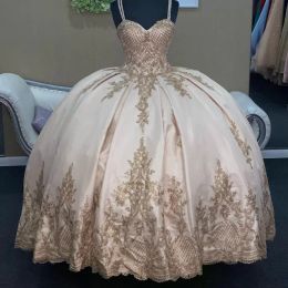 Gold Applique Quinceanera Dresses Spaghetti Straps Sparkly Sequins Beaded Satin Custom Made Floor Length Sweet 16 Formal Pageant Ball Gown Princess Wear 403 403