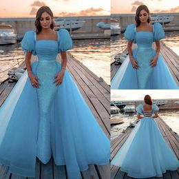 Light Sky Blue Mermaid Backless Prom Dresses Square Neck Short Sleeves Sequined Evening Gowns With Detachable Train Tulle Formal Dress