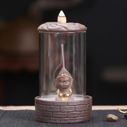 Backflow Incense Burner Monkey King Incense Holder With Acrylic Cover Waterfall Ceramic Censer Buddhist Decor