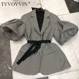 TVVOVVIN Blazer Single Breasted Puff Sleeve Plaid Ladies Blazer Coat Retro Lace Up Women's Slim Suit Jacket Autumn B318 201201