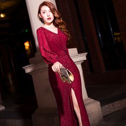 Evening Dress Burgundy Sequined Shining Elegant Evening Gowns 2020 Formal Mermaid Split robe de soiree For Girls Under 50 LJ201124