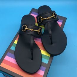 Summer Women Classic Buckle Design Real Leather Flip Flops Lady Beach Slippers G035 Big Size 44 Y200624