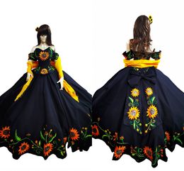 2022 Black Vinatge Charro Quinceanera Dresses Sunflowers Embroidered Off The Shoulder Short Sleeves Satin Ball Gown Sweet 16 Dress Modest