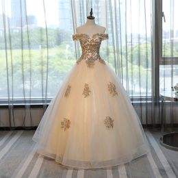 2021 New Arrival Bateau Champagne Ball Gown Quinceanera Dresses with Gold Applique Sweet 16 Dress Debutante Prom Party Dress Custom Made 002