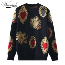 Vintag High Quality Christmas Knitted Sweater Autumn Winter Pullover Gem Heart Lurex Jacquard Knitwear Korean Loose Jumper C-428 201221