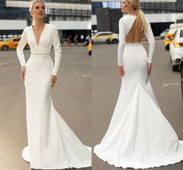 2021 Modern Boho Wedding Dresses Elegant Satin Plunging V Neck Long Sleeve Gothic Garden Bridal Gowns Open Back Mermaid Vestidos AL7744