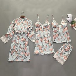 4 Pieces/set Women Pyjamas Sets Satin Lace Sexy Pijama 2019 Pyjama Mujer Pyjamas For Women Silk Flower Print Sleepwear Y200708