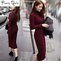 Women Winter Sweater Knitted long red Dresses Slim Elastic Turtleneck Long Sleeve Sexy Lady Bodycon Robe Dresses wholesale T200522