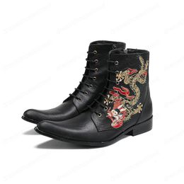 Fashion Dragon Embroidery Party Men Boots Real Leather Lace Up Ankle Boots Male Motorcycle Short Boots Dress Shoe