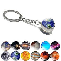 100pcs Planet Earth Keyring 3D Party Favour Galaxy Nebula Luminous Keychain Moon Earth Sun Double Side Glass Ball Key Chain 8*2cm Glow In The Dark Solar System