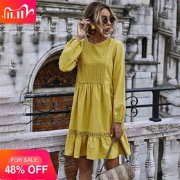 Woman Dress Autumn Winter Casual Lace Stitching Yellow Long Sleeve Loose Vintage Dresses For Women Clothes Ladies 201029