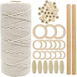 -Fio macrame cordão natural algodão bege diy corda com madeira anel vara trançada Teether kit parede pendurado cabide de planta