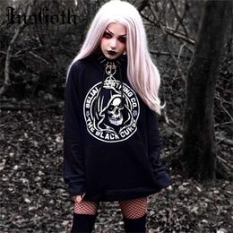 InsGoth Black Hooded Sweatshirts Gothic Streetwear Skull Printed Oversize Hoodies Pullovers WOmen Sweatshirt Casual Long Hoodie 201217