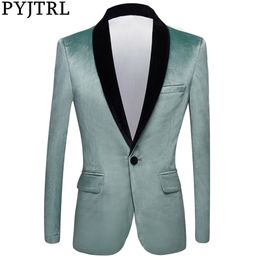 PYJTRL Men Fashion Autumn Turquoise Colour Shawl Lapel Velvet Blazer Slim Fit Suit Jacket Wedding Groom Stage Singer Prom Costume 201104