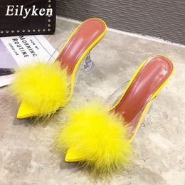 Eilyken Summer Woman Pumps PVC Transparent Feather Perspex Crystal High Heels Fur Peep Toe Mules Slippers Ladies Slides Shoes C0129