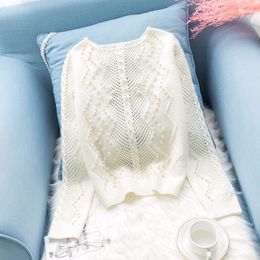 Pearls beading white sweater women knitted hollow out Pullover loose lazy sweaters basic tops autumn and winter new arrival LJ201112
