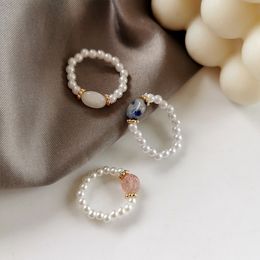 Elegant Simulated Pearl Bead Stone Elastic Rings For Women Midi Finger Knuckle Ring Fashion Vintage Adjustable Jewellery Gifts MKI