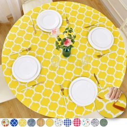 Outdoor Patio Round Fitted Vinyl Tablecloth, Flannel Backing, Elastic Edge, Waterproof Wipeable Plastic Cover, Yellow Checkerboa 201123
