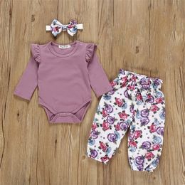 Newborn Infant Baby Girls Clothes Long sleeve Ruffle Bodysuit Romper +Pants Headband Floral Print Toddler Girl Clothing Set LJ201221
