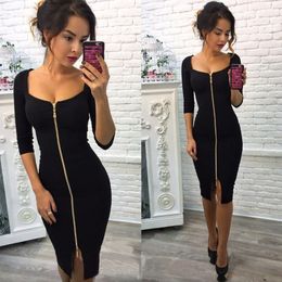 Slim Fit Ladies Zipper Dresses Square Collar Solid Color Sexy Bandage Dress Autumn Winter New Black Red Club Dress robe T200519