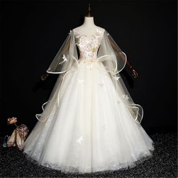 Party Dresses Soft Yellow Quinceanera Dress Fashion Puffy Prom Illusion Sleeves Corset Wedding Gown Butterfly Appliques Bride