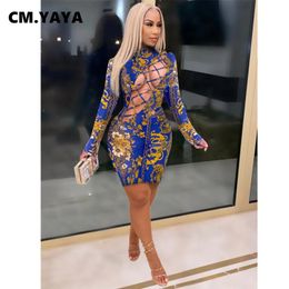CM.YAYA Fall Paisley Floral Print Women Midi Dress Long Sleeve Bodycon Sexy Club Party Pencil Lace Up Hollow Out Mini Dresses