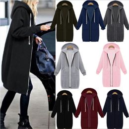 Laamei Autumn Winter Casual Women Long Hoodies Sweatshirt Coat Zip Up Outerwear Hooded Jacket Plus Size Outwear Tops