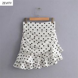 Women fashion polka dot print pleated asymmetrical skirt faldas mujer ladies back zipper vestidos chic ruffles skirts LJ200820