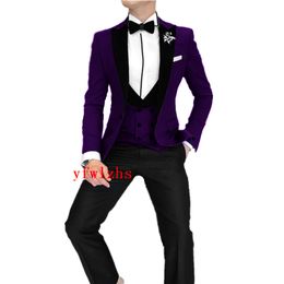 New Style One Button Handsome Peak Velveteen Lapel Groom Tuxedos Men Suits Wedding/Prom/Dinner Best Man Blazer(Jacket+Pants+Tie+Vest) W701