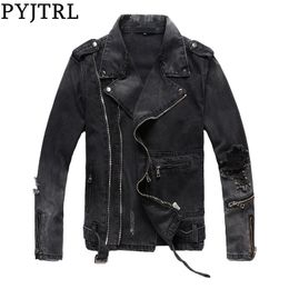 PYJTRL New Mens Autumn Winter Thick Vintage Holes Ripped Distressed Coat Black Denim Jacket For Motorcycle Zippers Outwear 201114