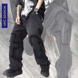 UNCLEDONJM New + Jeans Patch pocked cargo pants men jeans Hipster Casual Loose Punk Rock Trousers Fashion Pants ED937 201111