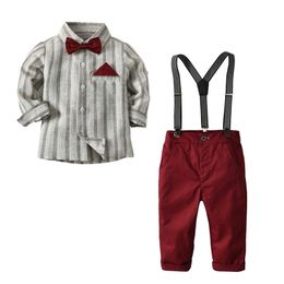 2-7 Years Boys Suits For Wedding Clothes Set Costume Kids Suits 4PCS Bow + Shirt + Belt + Pants Children Sets Red Grey 201127