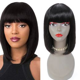 Straight Bob Wig with Bangs Human Hair Wigs with Bangs for Black Women Brazilian Full Machine Wigs Can Be Permed & Dye