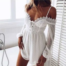 Women Sexy Lace Off Shoulder Playsuits Rompers V-Neck Long Sleeve Lace Up Jumpsuits Summer 2020 White Dot Elegant Short Overalls T200704