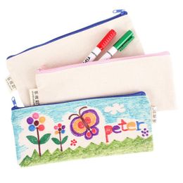 2021 DIY White canvas Pencil bag blank plain zipper pen bags canvas stationery cases clutch organizer bag Gift storage pouch