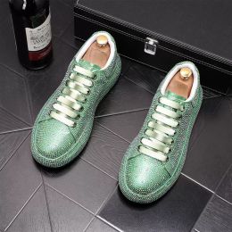 Luxury Flat Leather Shoes European Style Green Rhinestone Fashion Men Dress Loafers Smoking Slipper Casual Diamond Sneakers