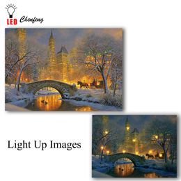 Led canvas printing Winter night in central park Christmas Illuminated canvas Paintings light up posters and print holiday gift Y200102