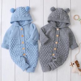 2020 New Spring Toddler Baby Knit Rompers Cartoon Bear Hooded Knitted Romper Newborn Girls Boys Jumpsuits Long Sleeve Sweater LJ201023