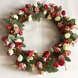 Decorative Flowers & Wreaths Artificial Silk Rose Wreath With Twig Base Door Garland Trim Garishness Wedding Party Decor