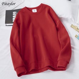 Fitaylor Solid Sweatshirts New Autumn Winter Women Long Sleeve O Neck Pullovers Oversize Woollen Liner Warm Loose Tops 201102