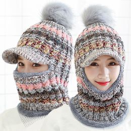 Female Warm Beanie Hat Riding Snow Caps Winter Women Knitted Hat Scarf Set Hairball Pom Pom Fashion Wool Thickening Hat Collars Y200103