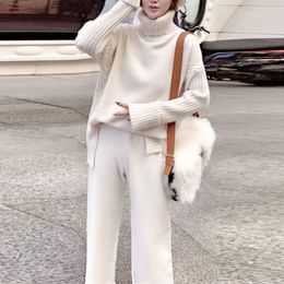 JXMYY sweater set women tracksuit spring autumn knitted suits 2 piece set warm turtleneck sweater pullovers wide legs pants LJ201125