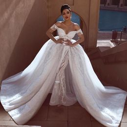 Fabulous Beaded Mermaid Lace Wedding Dresses With Detachable Train Off The Shoulder Neck Sequined Bridal Gowns Tulle robe de mariée