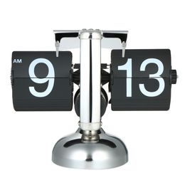 Small Scale Table Clock Retro Flip Over Clock Stainless Steel Internal Gear Operated Quartz Clocks Black White Home Decoration 201120