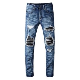 Sokotoo Men's PU leather patchwork ripped biker jeans Patch slim skinny stretch denim pants C1123